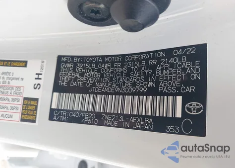 2022 Toyota Corolla Hybrid Le из США, поврежденный, VIN JTDEAMDE9N3009799